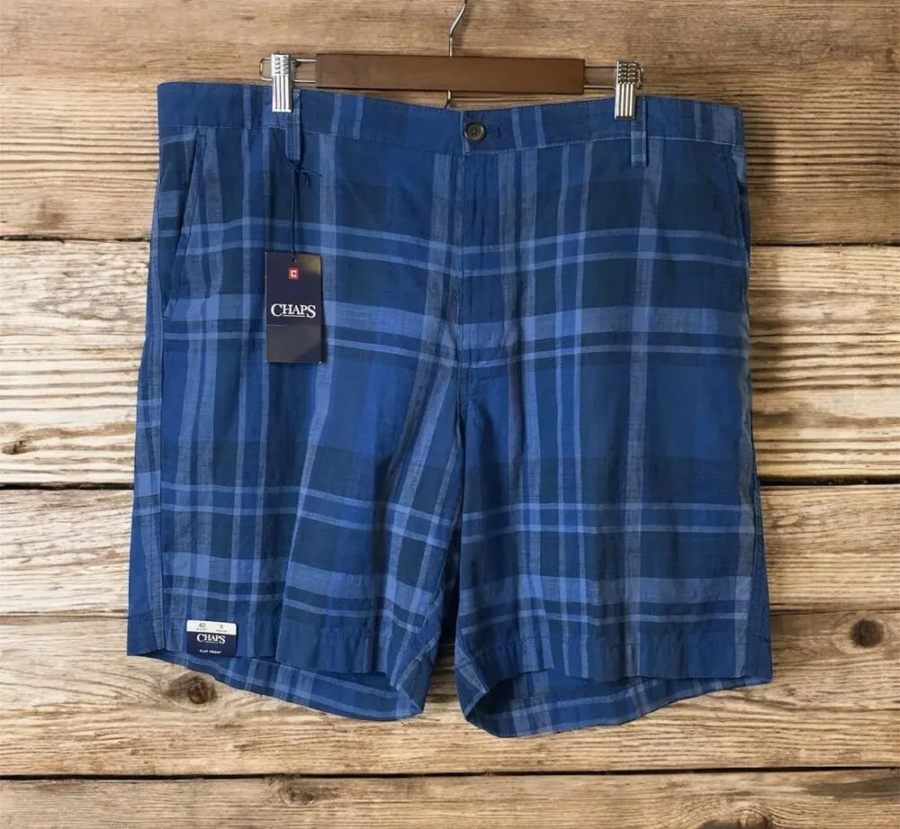 Chaps Deep Water Blue Plaid 100% Cotton Shorts 9-inch Inseam Men's Size 40 NWT
